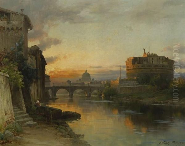 Rom - Blick Uber Den Tiber Auf
 Engelsburg Und Petersdom. Oil Painting by Carl Wuttke