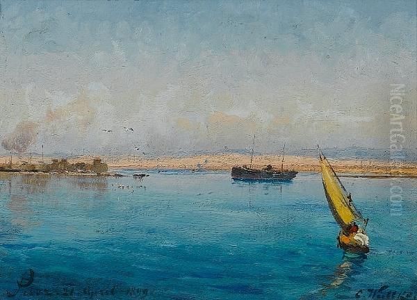 Entrance To The Suez Canal Oil Painting by Carl Wuttke