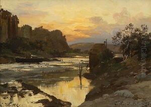 Abendstimmung Am Flussufer Bei
 Tiflis. Oil Painting by Carl Wuttke