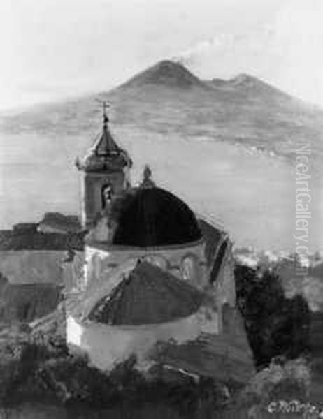 Blick Uber Eine Kirche Auf Das Meer Und Den Atna. Oil Painting by Carl Wuttke