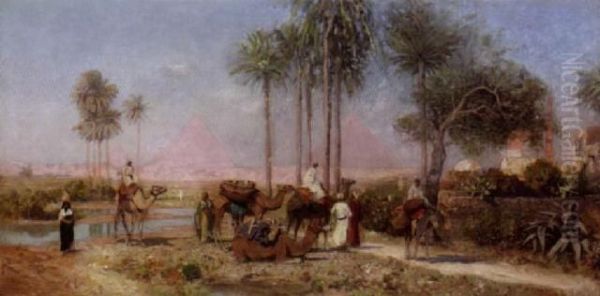 Figures With Camels By The Pyramids Oil Painting by Carl Wuttke