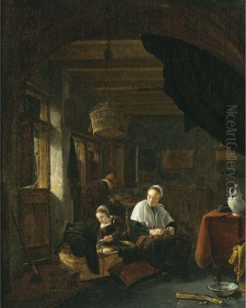 A Family In An Interior, With A 
Young Girl Feeding A Child In Acradle, A Woman Seated Nearby Oil Painting by Thomas Wyck