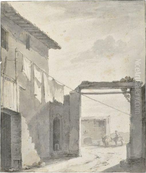 An Italianate Courtyard, With Washing Hung Out To Dry Oil Painting by Thomas Wyck