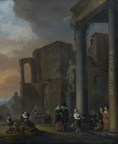 Scene De Marche Dans Des Ruines Antiques Oil Painting by Thomas Wyck