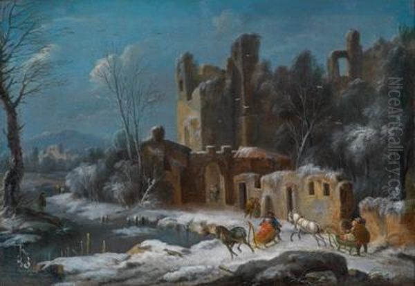 Einewinterlandschaft Mit Reisenden In Pferdeschlitten Vor Ruinen Oil Painting by Thomas Wyck