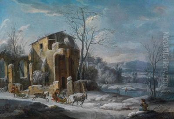 Einewinterlandschaft Mit Reisenden In Pferdeschlitten Vor Den Ruineneiner Burg Oil Painting by Thomas Wyck