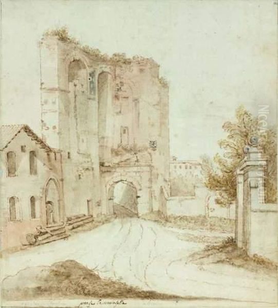 Vue D'une Porte De Rome Surmontee Par Une Ruine De L'aqueduc De Claude Oil Painting by Thomas Wyck