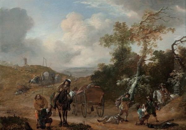 A Wooded Landscape With Travellers Ambushed On A Country Track Oil Painting by Thomas Wyck