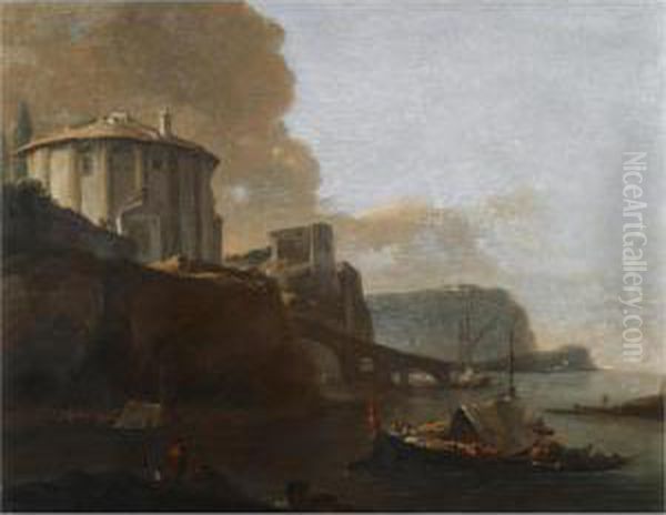 A Capriccio Of A Mediterranean Bay At Sunset, With The Temple Of Vesta In Rome Oil Painting by Thomas Wyck