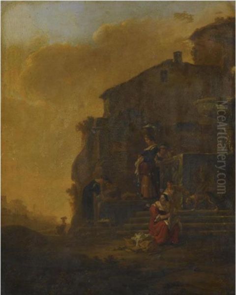 An Italianate Landscape With Washerwomen In The Foreground Oil Painting by Thomas Wyck