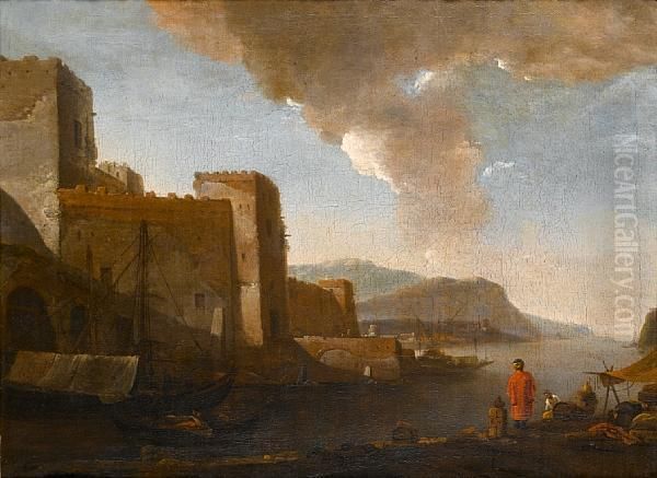 A Mediterranean Harbour With A Travellerstanding On The Quay Oil Painting by Thomas Wyck