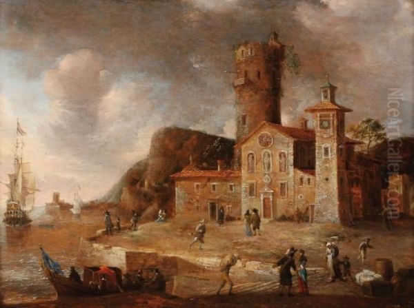 An Italian Harbourwith Tradesmen
 And A Dutch Merchant Man In Full Sail. At The Righta Trading House And 
The Tower Of A Castle Oil Painting by Thomas Wyck