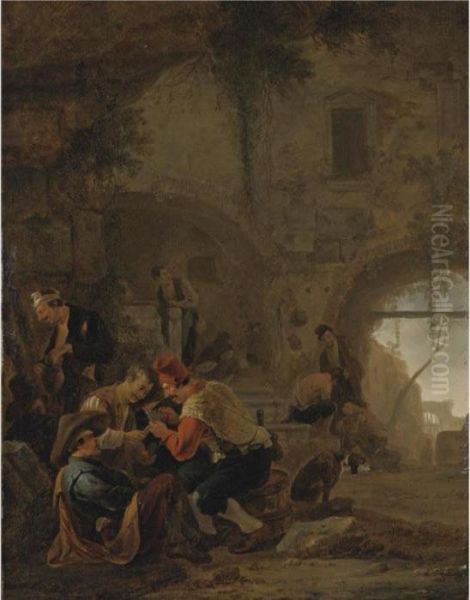 Banditti Playing Cards Amongst Ruins Oil Painting by Thomas Wyck