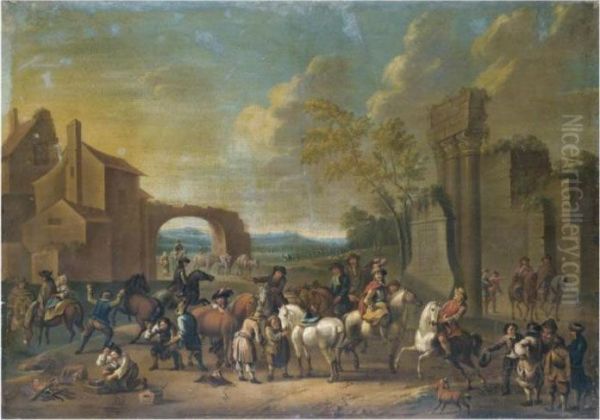 Cavaliers Preparing For An Excursion In An Italianate Landscape Oil Painting by Thomas Wyck