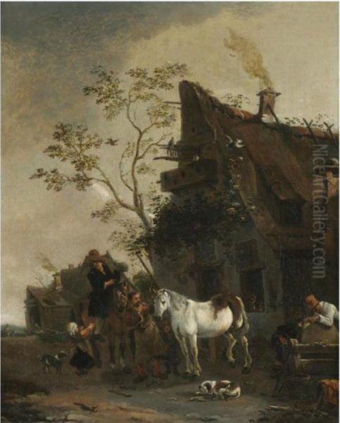 A Village Scene With Figures Outside A Farrier's Shop Oil Painting by Thomas Wyck