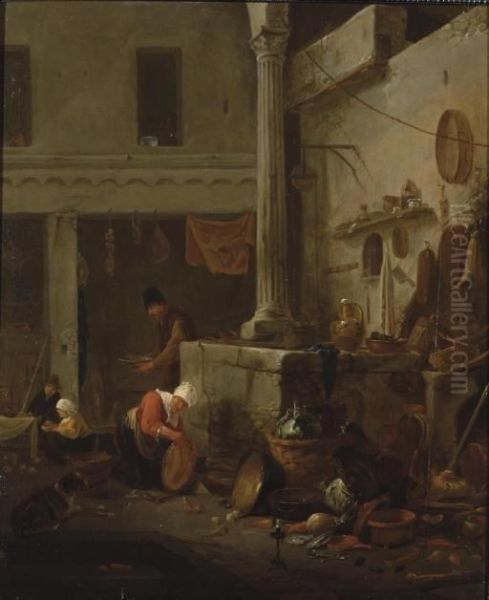 Peasants Cooking And Cleaning In A Courtyard Oil Painting by Thomas Wyck