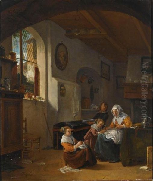 An Interior With A Mother 
Teaching A Girl To Write, A Young Boy Carrying A Bowl, And Another Girl 
Embroidering In The Foreground Oil Painting by Thomas Wyck