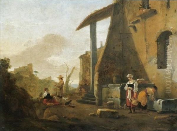 An Italianate Landscape With Figures Beside A Well Before A Villa Oil Painting by Thomas Wyck