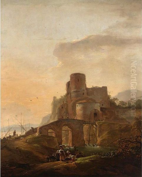 An Italianate Landscape With A 
Bridge And A Harbour Beyond, Some Herdsmen To The Foreground Oil Painting by Thomas Wyck