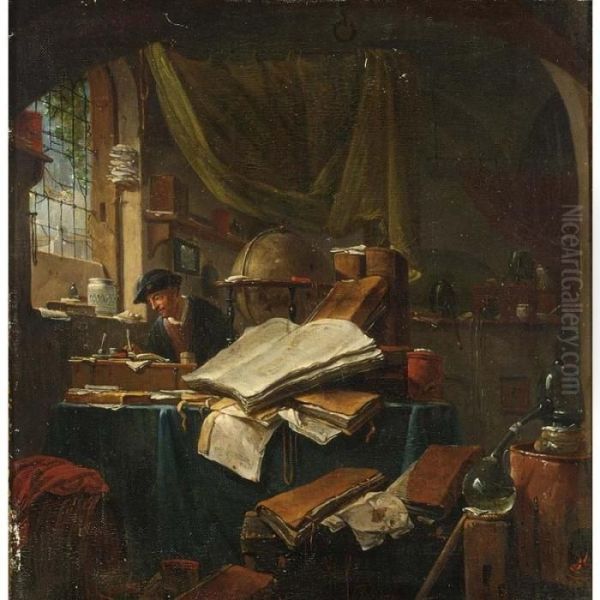 An Alchemist In His Study, A 
Still Life Of Books, Pots And Pans And Books In The Foreground Oil Painting by Thomas Wyck