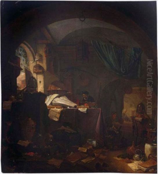 An Alchemist In His Study With 
His Pupil, A Still Life Of Pots, Pans And Books In The Foreground And A 
Servant Woman In The Background Oil Painting by Thomas Wyck