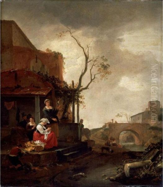 Village Scene With Women Sewing 
And A Boy Peeling Vegetables At The Entrance To A
 Cottage Drovers Crossing A Bridge Beyond Oil Painting by Thomas Wyck