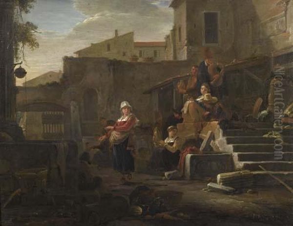 Italian Village In The Evening With Figures. Oil Painting by Thomas Wyck