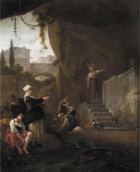 Interior Of A Cave With Women Washing Their Laundry In A Stream Oil Painting by Thomas Wyck