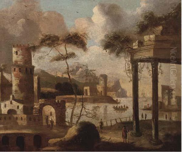 A Capriccio Of A Mediterranean Harbour With Shipping Oil Painting by Thomas Wyck