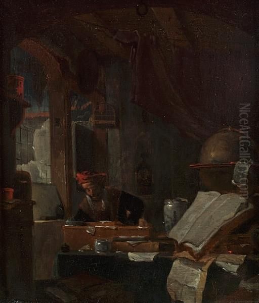 A Scholar In An Interior Oil Painting by Thomas Wyck