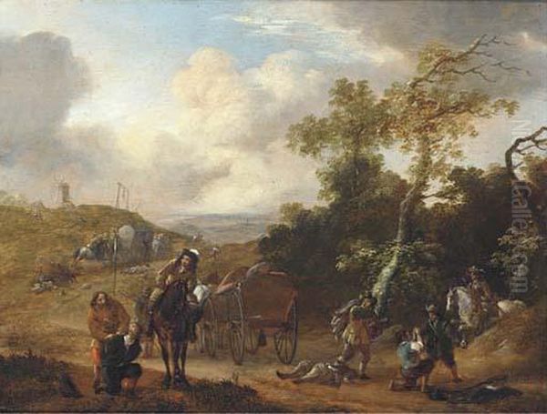 A Wooded Landscape With Travellers Ambushed On A Country Road Oil Painting by Thomas Wyck