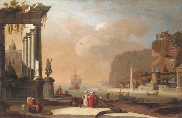 A Mediterranean Harbour With Oriental Merchants Conversing By Aruined Temple Oil Painting by Thomas Wyck