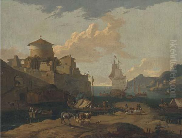 A Mediterranean Coastal Inlet With Boats And A Man-o'-war Oil Painting by Thomas Wyck