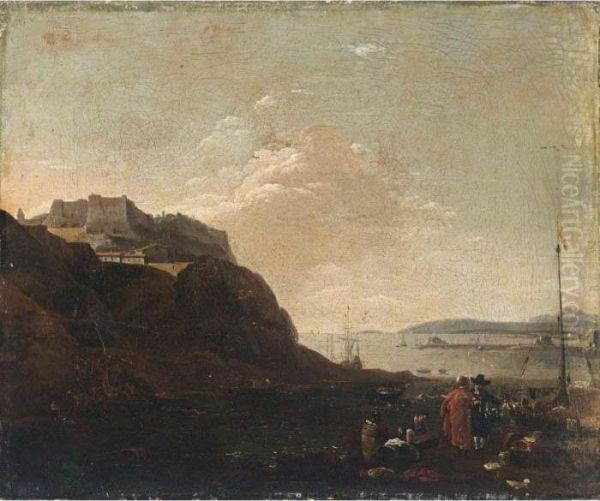 A Southern Harbour Scene With 
Workmen Unloading And Two Figures Conversing, A Fortified Castle Beyond Oil Painting by Thomas Wyck