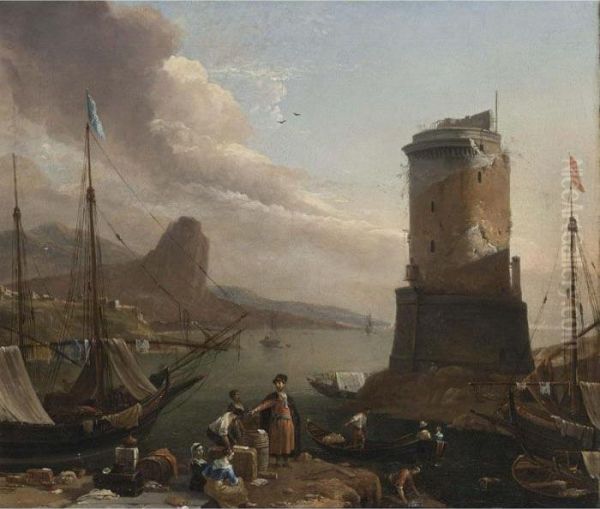 A View Of A Mediterranean Port 
With Ships Moored, Street Vendors On The Quay, And Fishermen Near A 
Watch Tower Oil Painting by Thomas Wyck