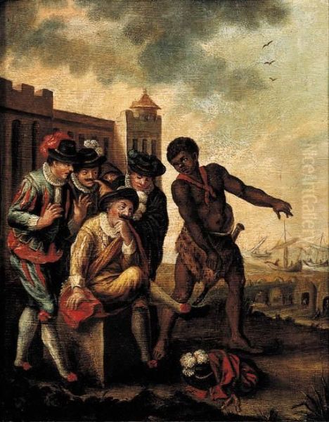 Merchants In Fancy Costume Attended By A Slave In A Mediterranean Harbour Oil Painting by Thomas Wyck