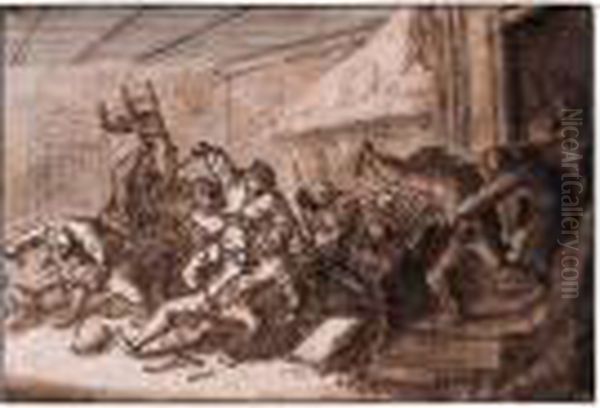 Peasants Fighting In A Tavern (recto); Study Of A Village Feast(verso) Oil Painting by Thomas Wyck