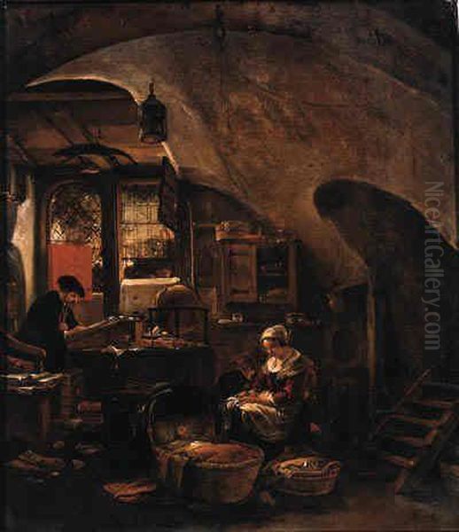 An Alchemist At Work In A Vaulted Room, With A Woman Seated By Acradle Oil Painting by Thomas Wyck