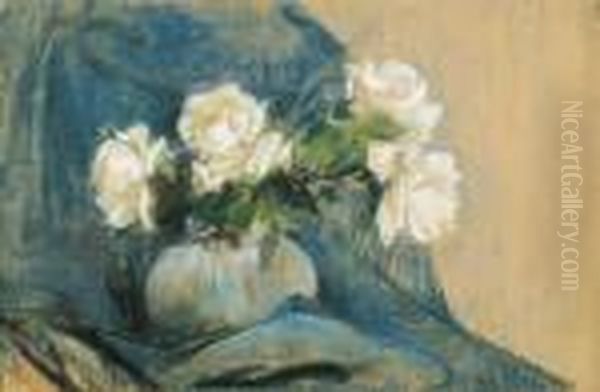 White Roses And Blue Draperie Oil Painting by Leon Wyczolkowski