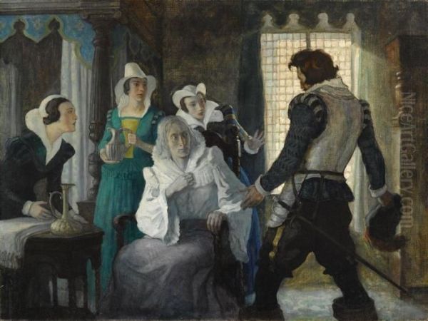 And There, Quite Close To Him 
Was Elizabeth Among Her Ladies, In Adressing Gown, Unpainted, Without 
Her Wig, Her Grey Hair Hanging Inwisps About Her Face, And Her Eyes 
Starting From Her Head. Oil Painting by Newell Convers Wyeth