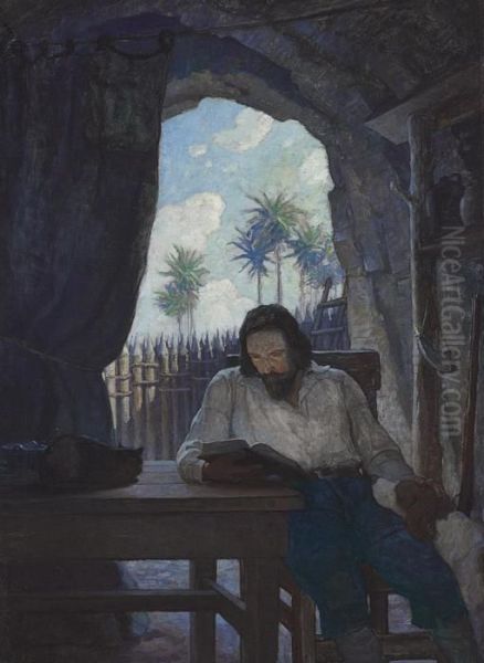 --in The Morning I Took The 
Bible; And Beginning At The New Testament, I Began Seriously To Read 
It-- Oil Painting by Newell Convers Wyeth