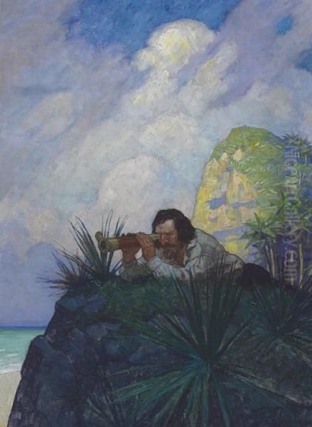 I Laid Me Down Flat On My Belly On The Ground, And Began To Look For The Place Oil Painting by Newell Convers Wyeth