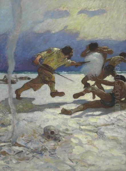 --and No Sooner Had He The Arms 
In His Hands But, As If They Had Put New Vigor Into Him, He Flew Upon 
His Murderers Like A Fury-- Oil Painting by Newell Convers Wyeth