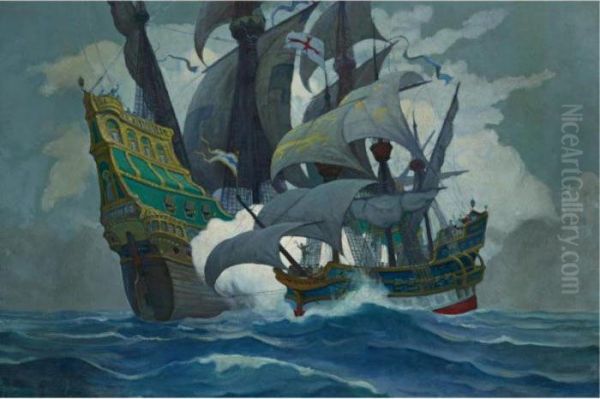 Naval Engagement Oil Painting by Newell Convers Wyeth