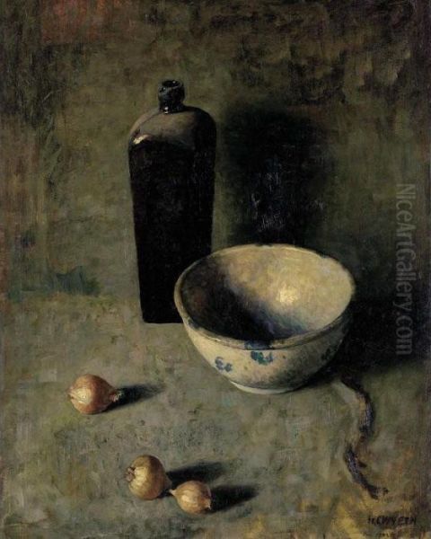 Still Life With Bowl, Onions And Bottle Oil Painting by Newell Convers Wyeth