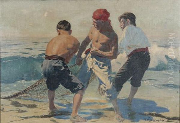 Drei Fischer Beim Einholen Eines Netzes Oil Painting by Feliks M. Wygrzywalski