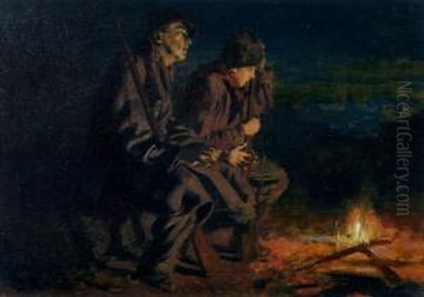 Two Polish Soldiers At A Campfire Oil Painting by Feliks M. Wygrzywalski