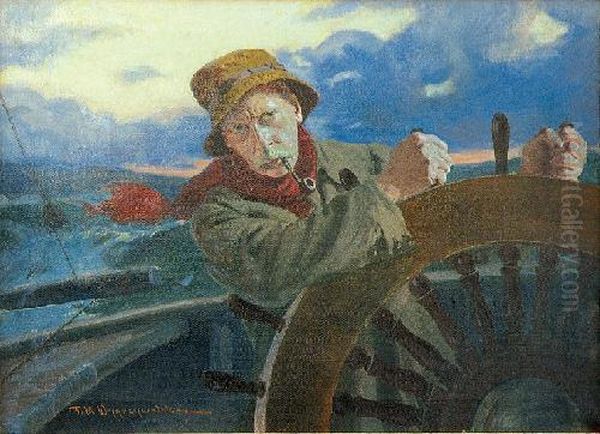 Sternik - Autoportret Oil Painting by Feliks M. Wygrzywalski