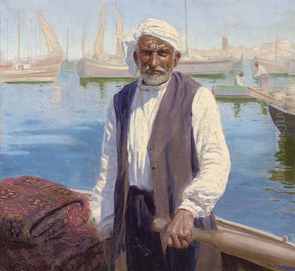 A Carpet Merchant On The Bosphorus Oil Painting by Feliks M. Wygrzywalski