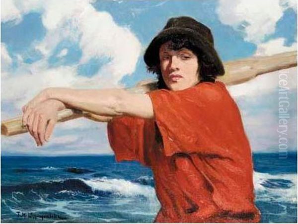 Girl In A Red Shirt Oil Painting by Feliks M. Wygrzywalski